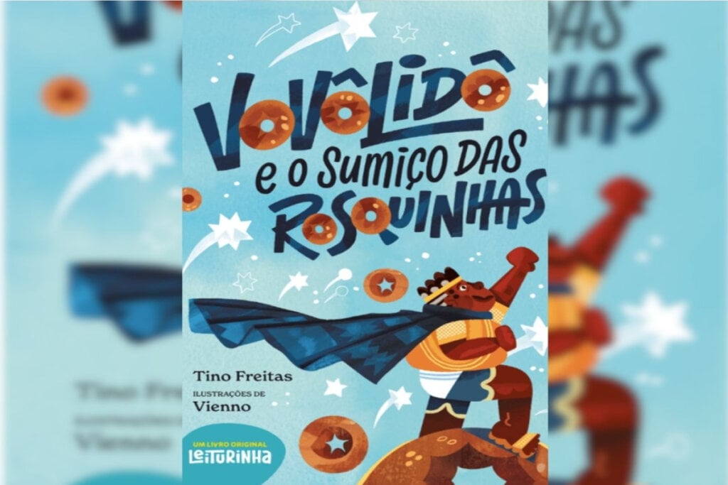 Capa do livro "VovôLidô e o sumiço das rosquinhas" em tom de azul com avó como super-herói