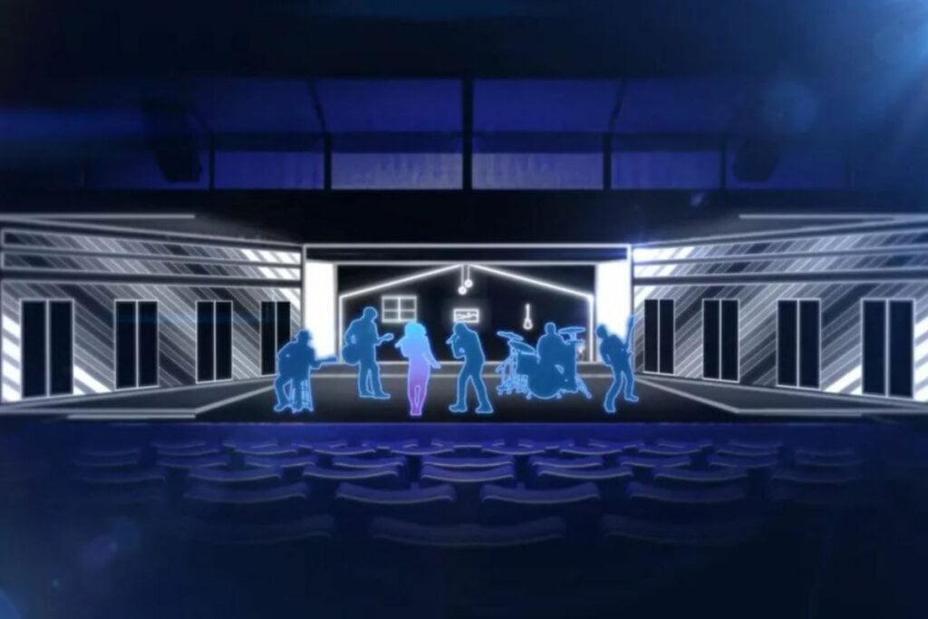 Ilustração de uma casa com bonecos cantando e tocando