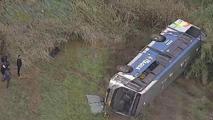 Ônibus cai em ribanceira ao tentar desviar de animal na pista, em Itaquaquecetuba