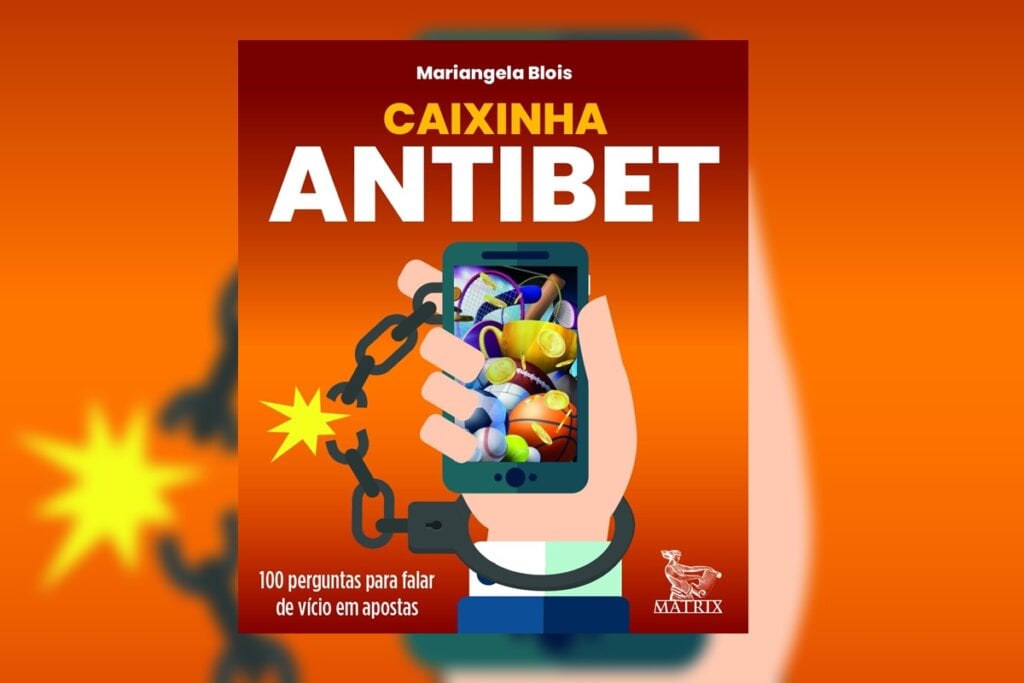 Capa do livro ' Caixinha Antibet' com a ilustração de uma mãe presa em uma corrente e segurando um celular 