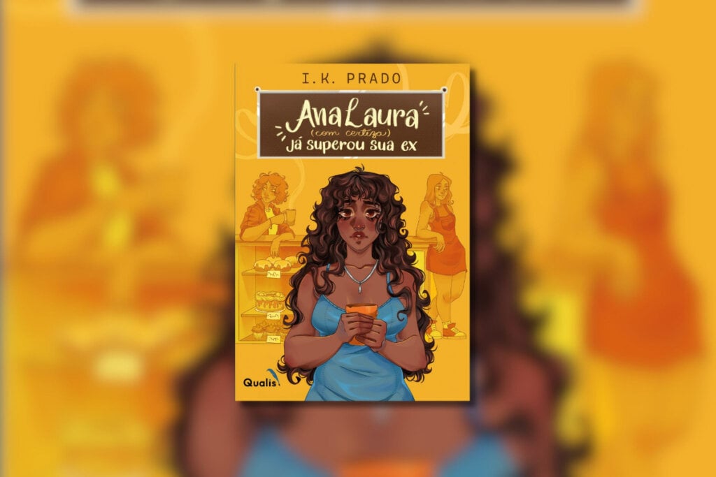 Capa de livro laranja com título e nome da autora e a ilustração de uma jovem negra segurando uma caneca e ao fundo a imagem de outras duas jovens