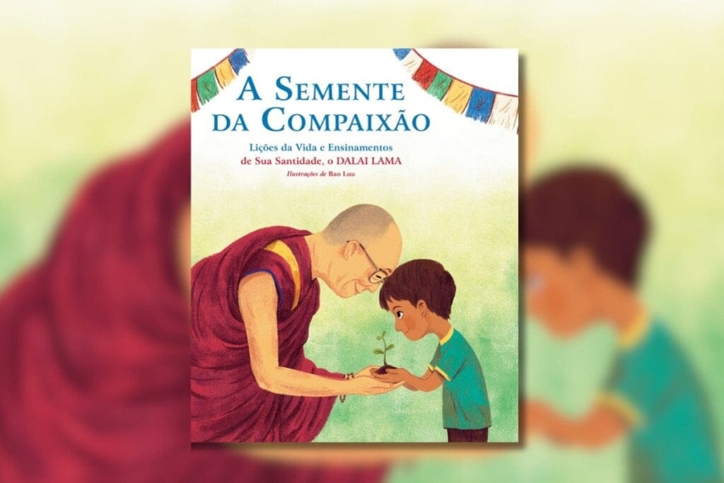 Capa do livro "A semente da compaixão" com a ilustração de um homem segurando um ramo de planta com um menino