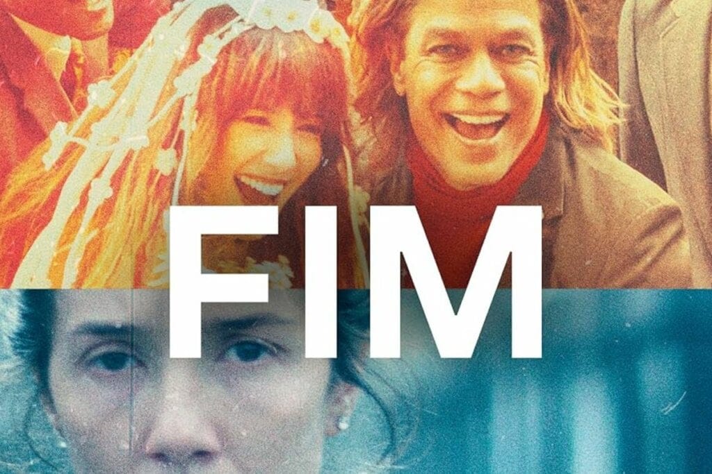 Capa da série "Fim" com uma foto colagem de duas pessoas sorrindo e uma mulher chorando