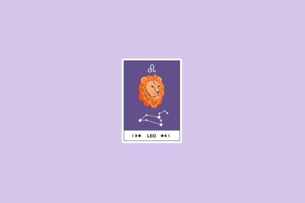 Ilustração do signo de Leão com a cabeça de um leão, a constelação de Leão e o símbolo do signo no topo