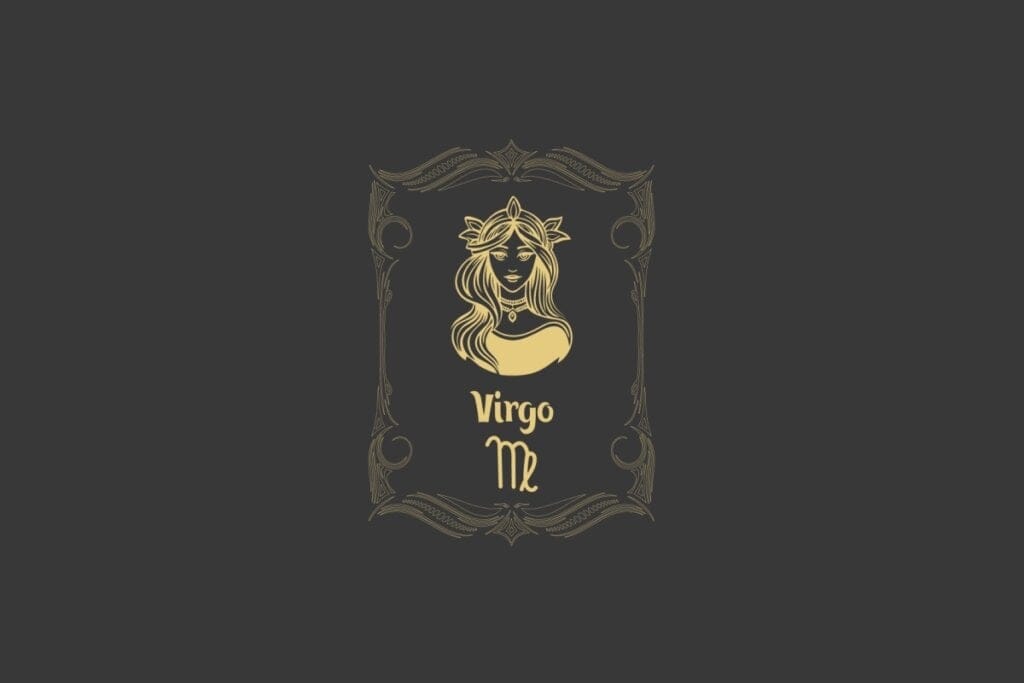 Ilustração do signo de Virgem com a figura de uma mulher dourada, adornada com uma coroa e colar, cercada por uma moldura clássica