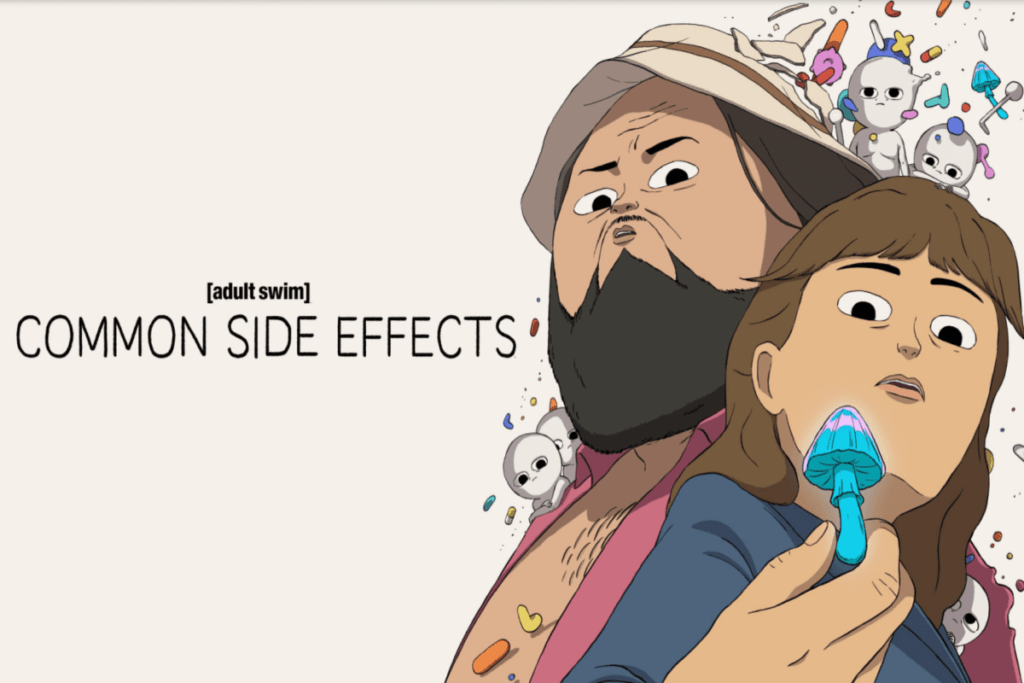 imagem de capa da série “Common Side Effects” com ilustração de duas pessoas