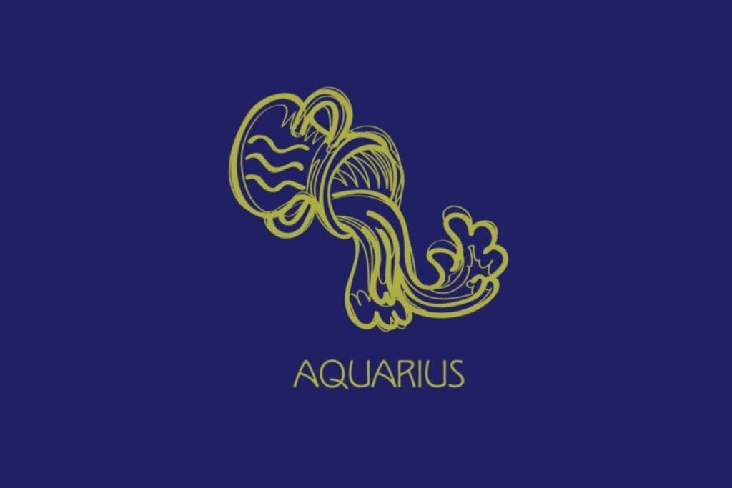 Ilustração amarela do símbolo e do nome de aquário em fundo azul