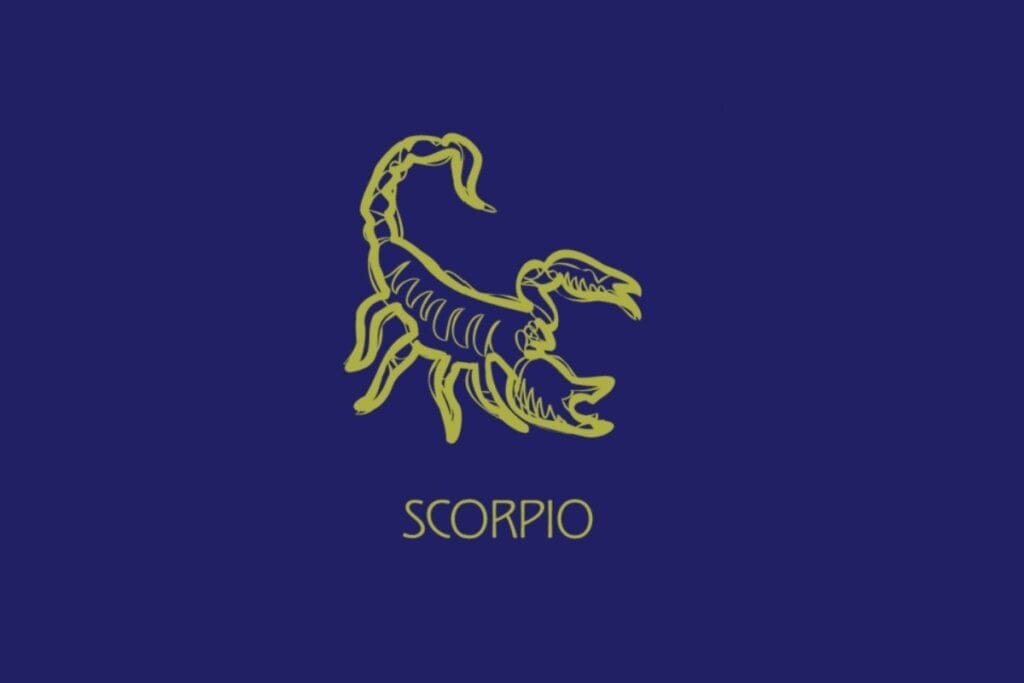 Ilustração amarela do símbolo e do nome de escorpião em fundo azul