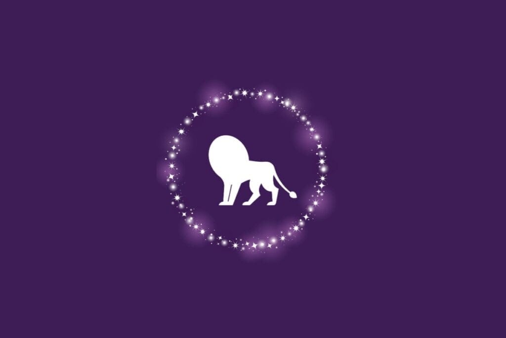 Ilustração do símbolo do signo de Leão com um leão branco estilizado, cercado por pontos brilhantes sobre fundo roxo