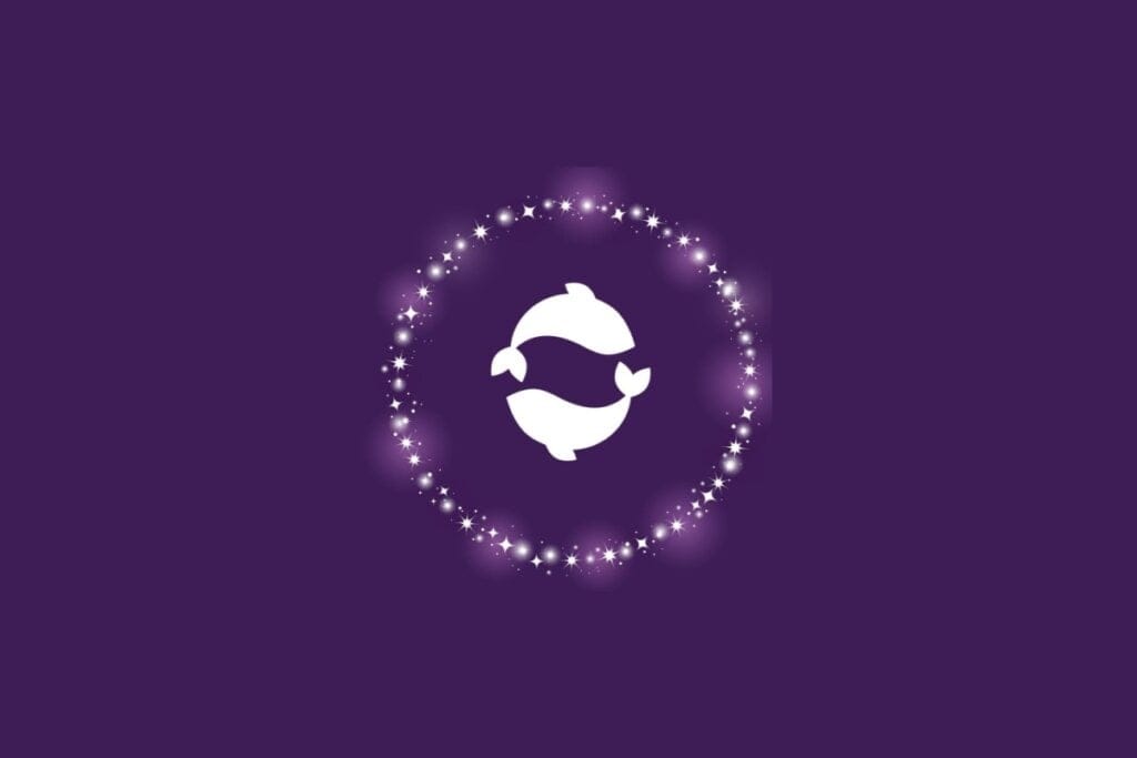 Ilustração do símbolo do signo de Peixes com dois peixes brancos voltados um para o outro, rodeados por pontos brilhantes sobre fundo roxo