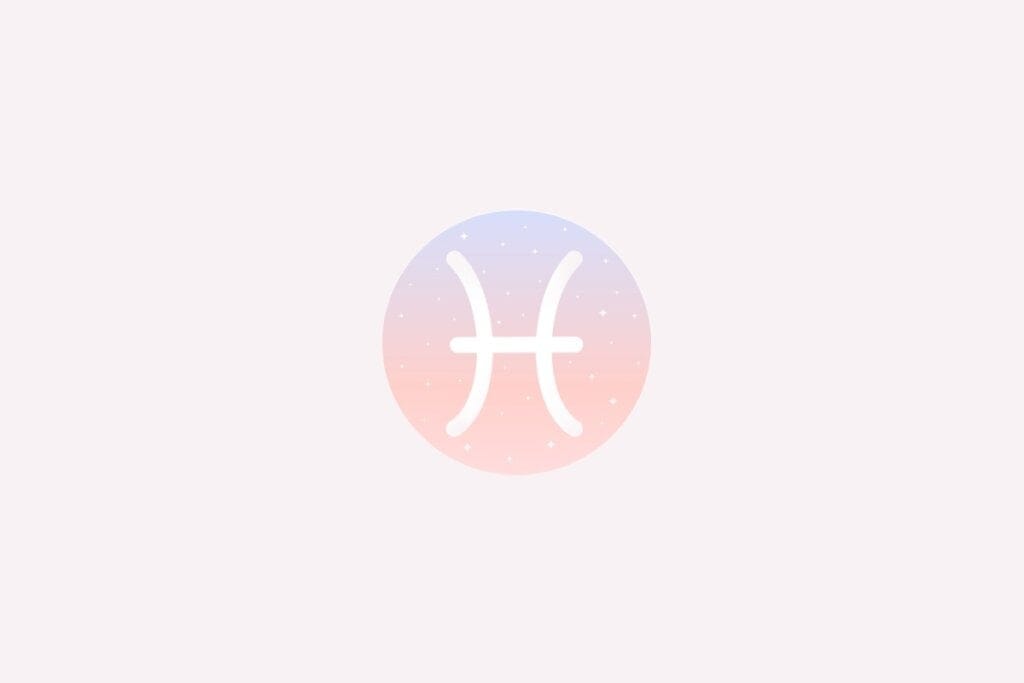 Ilustração do signo de Peixes com dois arcos brancos ligados por uma linha no centro, em fundo degradê rosa e azul com estrelas