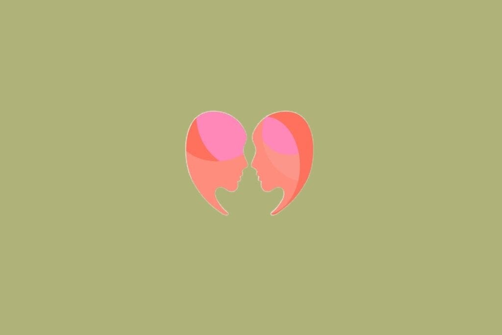 Ilustração de dois rostos femininos em tons de rosa e laranja, posicionados frente a frente, sobre fundo verde-oliva