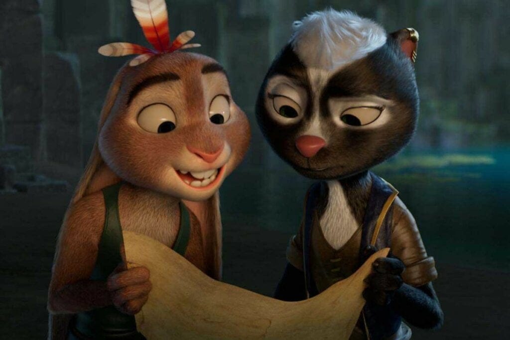 Um coelho e um gambá lendo um papel no filme "Frangoelho e o Hamster das Trevas"