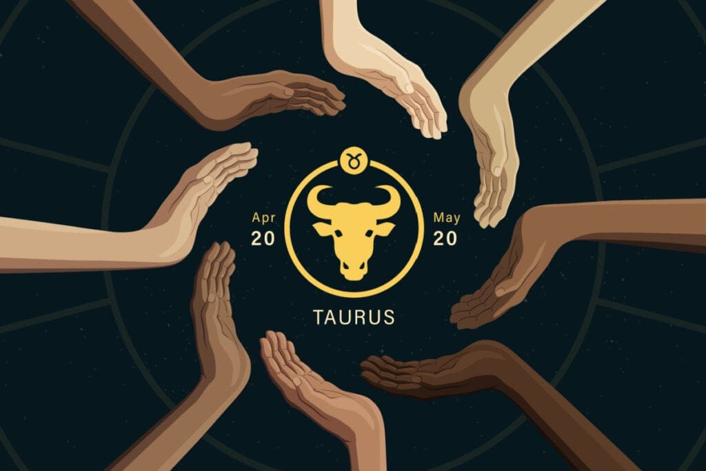 Símbolo do signo de touro com mãos de várias cores ao redor