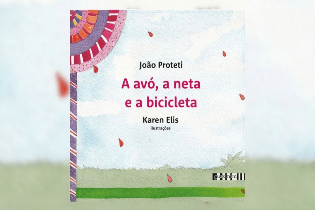 Capa de livro com título e nome do autor e com a ilustração de uma paisagem com folhas caindo e no canto esquerdo um poste com uma roda colorida