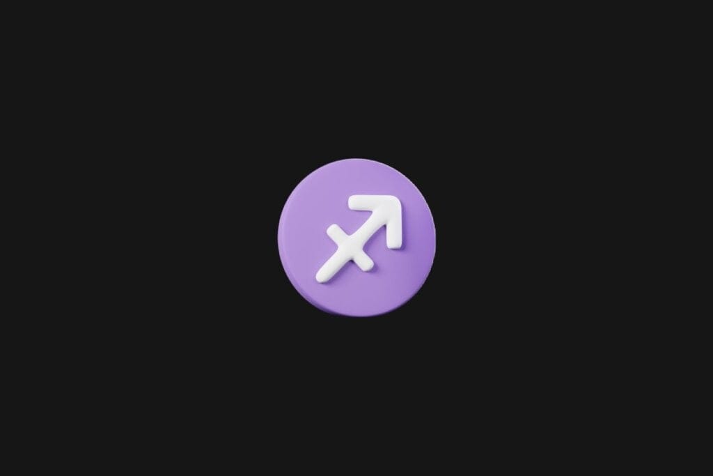 Ilustração do signo de sagitário em um círculo roxo e em cima de um fundo preto