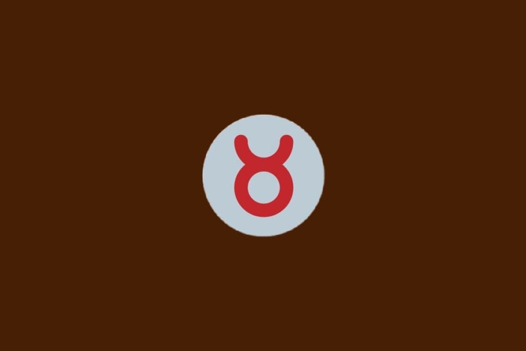 Ilustração do signo de Touro com símbolo vermelho em forma de círculo com dois chifres voltados para cima, sobre fundo cinza e marrom-escuro