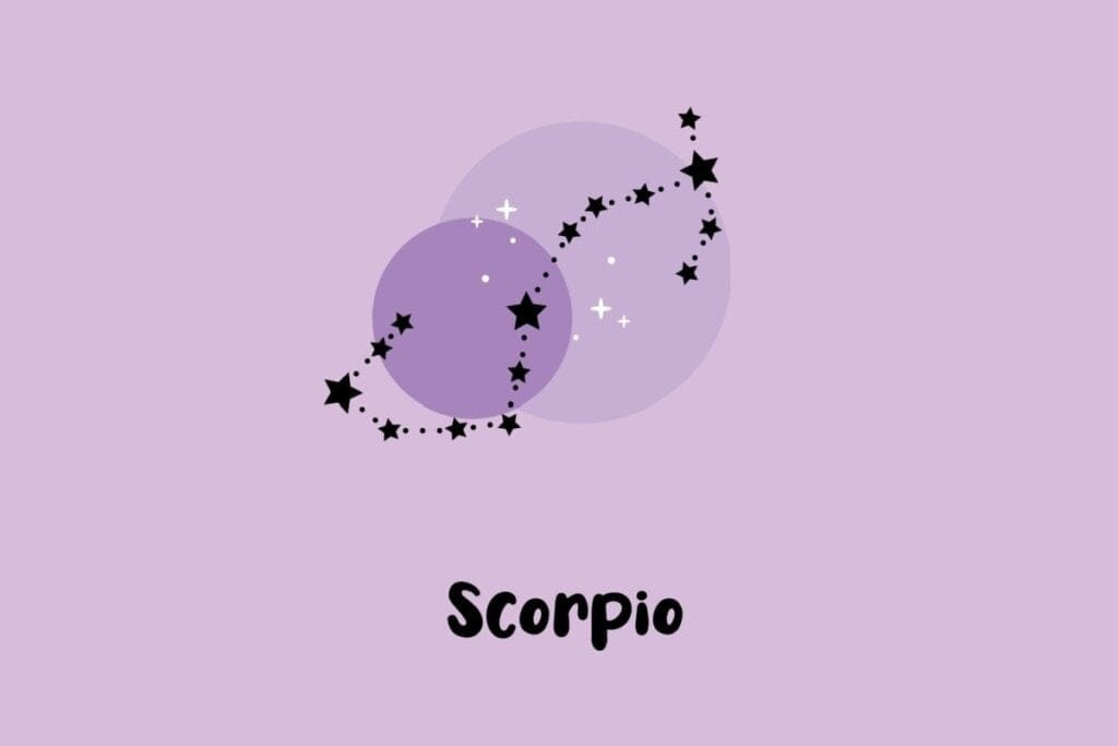 Ilustração da constelação do signo de Escorpião com pontos conectando estrelas sobre fundo lilás