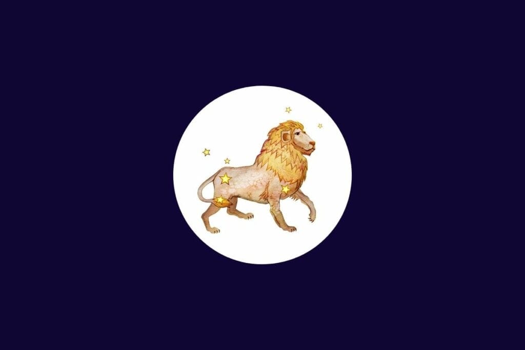 Ilustração do signo de leão em um círculo branco sobre um fundo azul-escuro