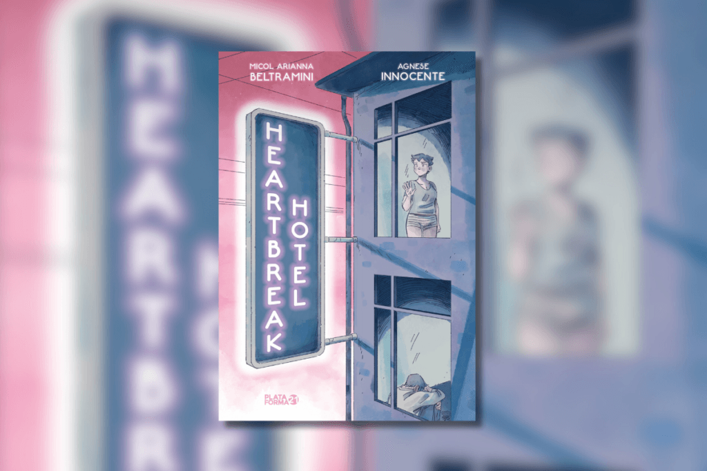Capa de livro com título e nome do autor e ilustração de um prédio com uma placa em neon com o nome do livro, e uma pessoa em uma janela olhando para fora e na outra janela uma pessoa sentada de costas