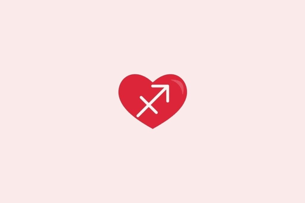 Ilustração do signo de sagitário em um coração vermelho sobre um fundo rosa-claro