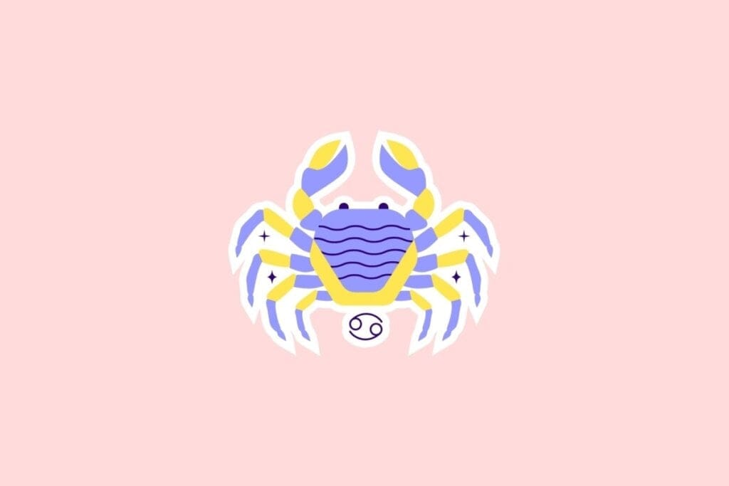 Ilustração de um caranguejo estilizado em amarelo, azul e lilás com o símbolo de Câncer abaixo, sobre fundo rosa-claro
