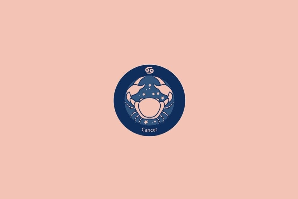 Ilustração do signo de Câncer com um caranguejo rodeado por estrelas em fundo azul e rosa
