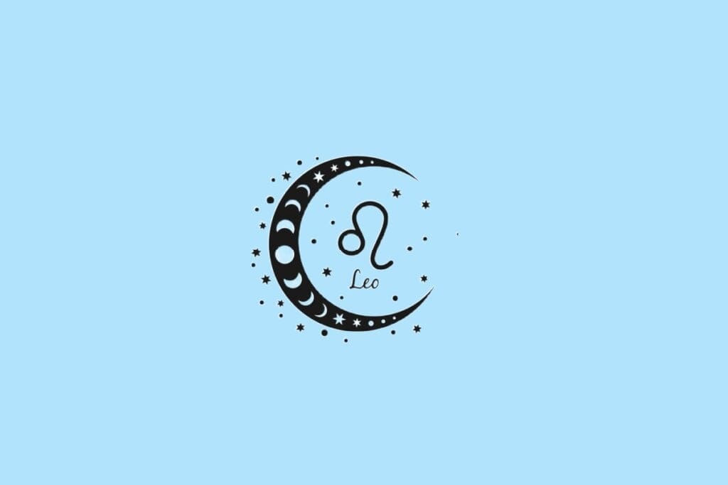 Ícone de Leão com uma curva que lembra a juba de um leão, posicionado dentro de uma lua decorada com fases lunares, sobre fundo azul