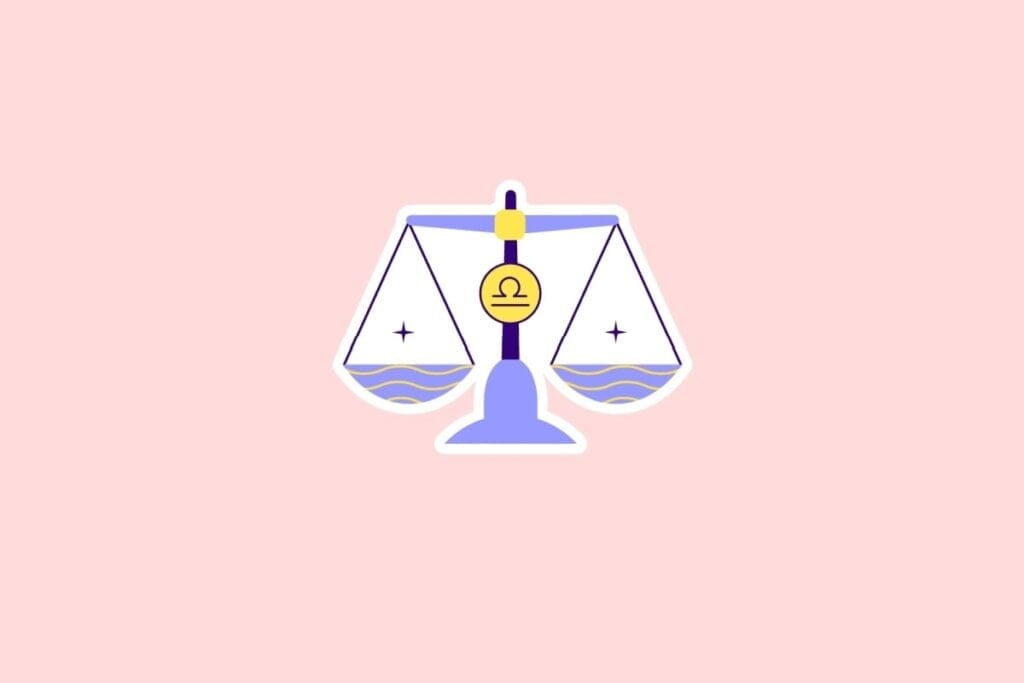 Ilustração da balança, símbolo de Libra, em tons de lilás, azul e amarelo, sobre fundo rosa-claro