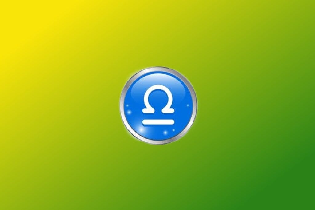 Ilustração do signo de Libra com balança branca centralizada em círculo azul com borda prateada sobre fundo verde e amarelo