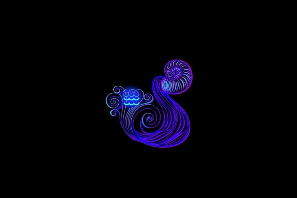 Ilustração do signo de aquário em roxo e rosa em um fundo preto