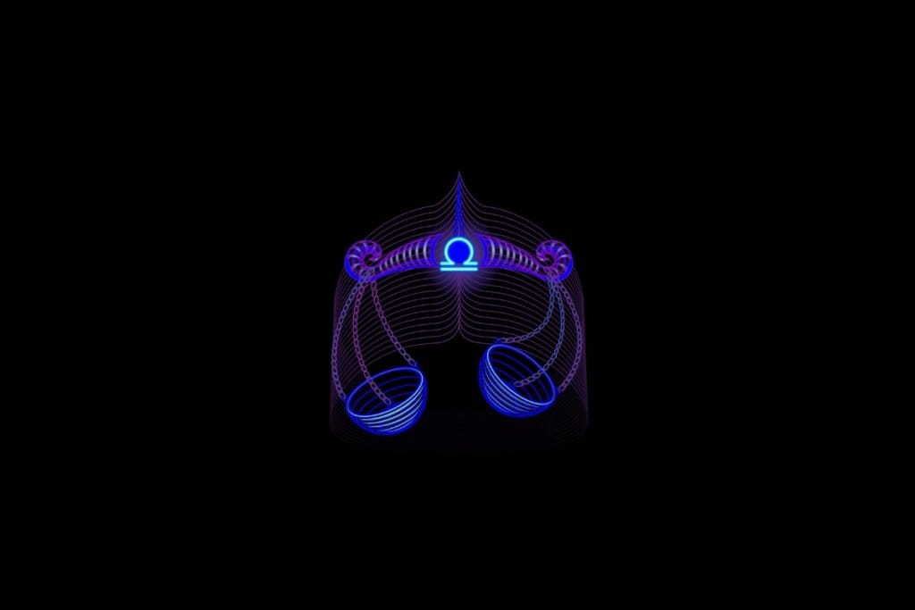 Ilustração do signo de libra em roxo e rosa em um fundo preto