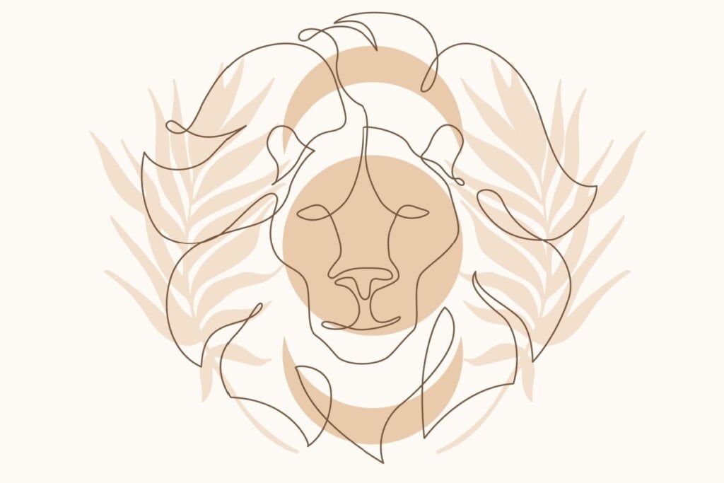 Ilustração com folhas do signo de Leão em um fundo rosa