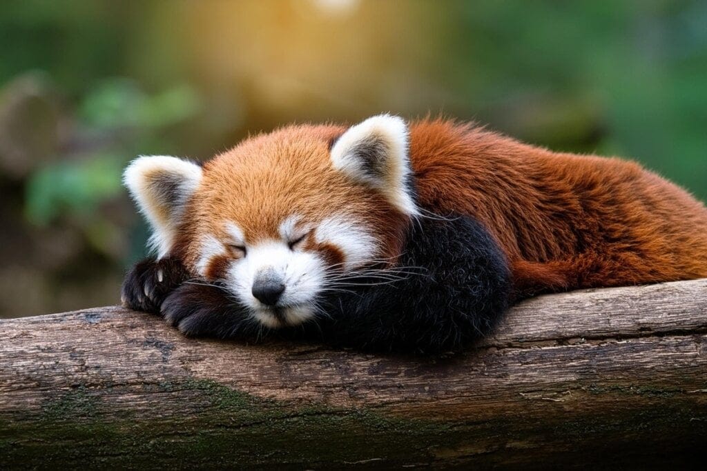 Panda-vermelho deitado em um tronco de árvore dormindo 