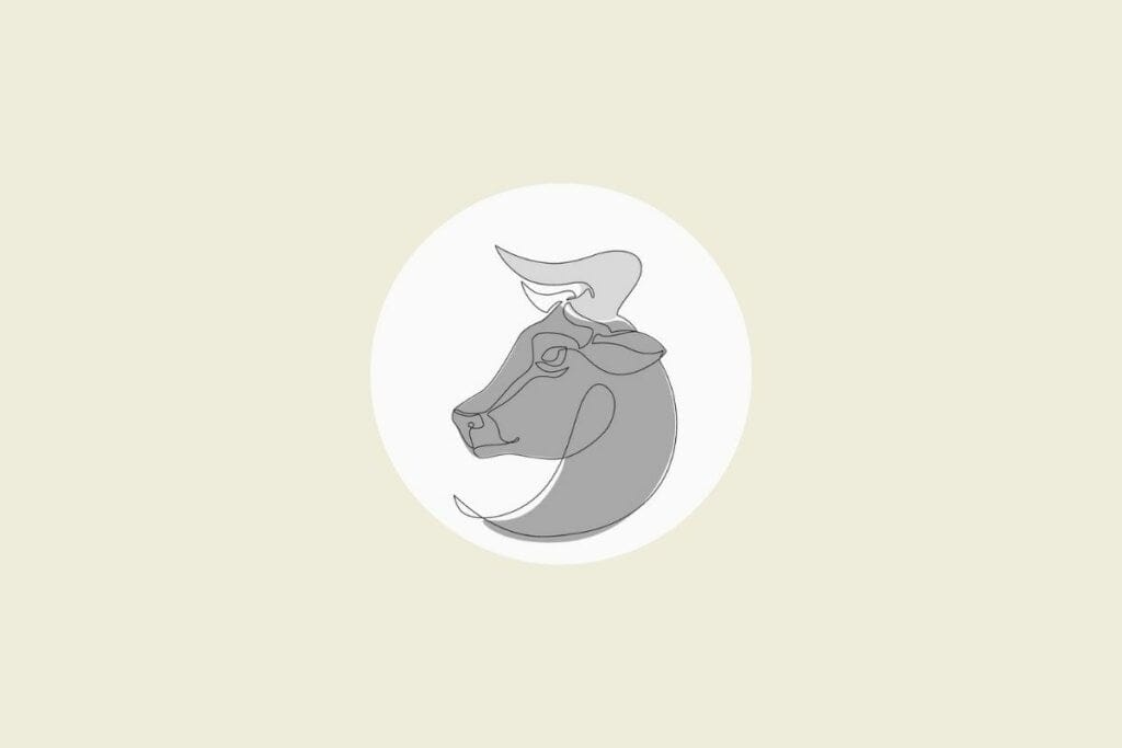 Ilustração do signo de touro em preto e branco, dentro de um círculo, sobre um fundo bege-claro