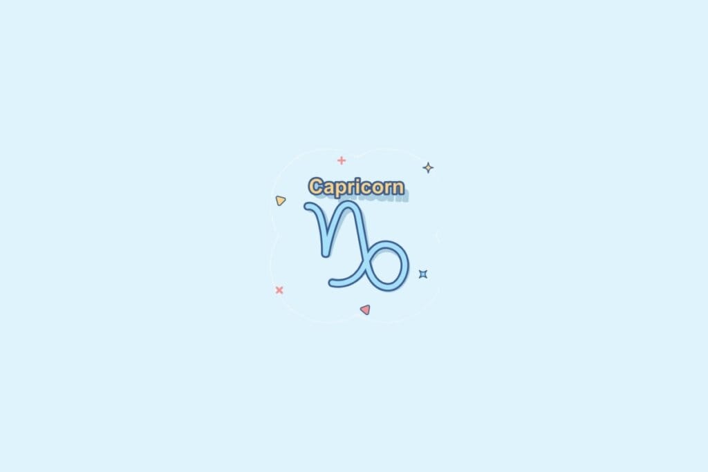 Ilustração do signo Capricórnio, contendo um símbolo com forma de “N” estilizado com uma curva fechada à direita, em fundo azul-claro