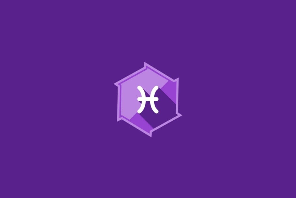 Ilustração do signo de Peixes, em fundo roxo, com símbolo representado por dois arcos opostos ligados por uma linha central