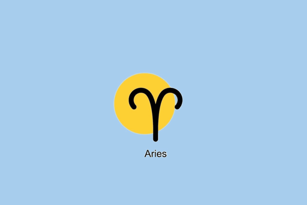 Símbolo do signo de Áries ao lado de círculo amarelo em fundo azul claro 