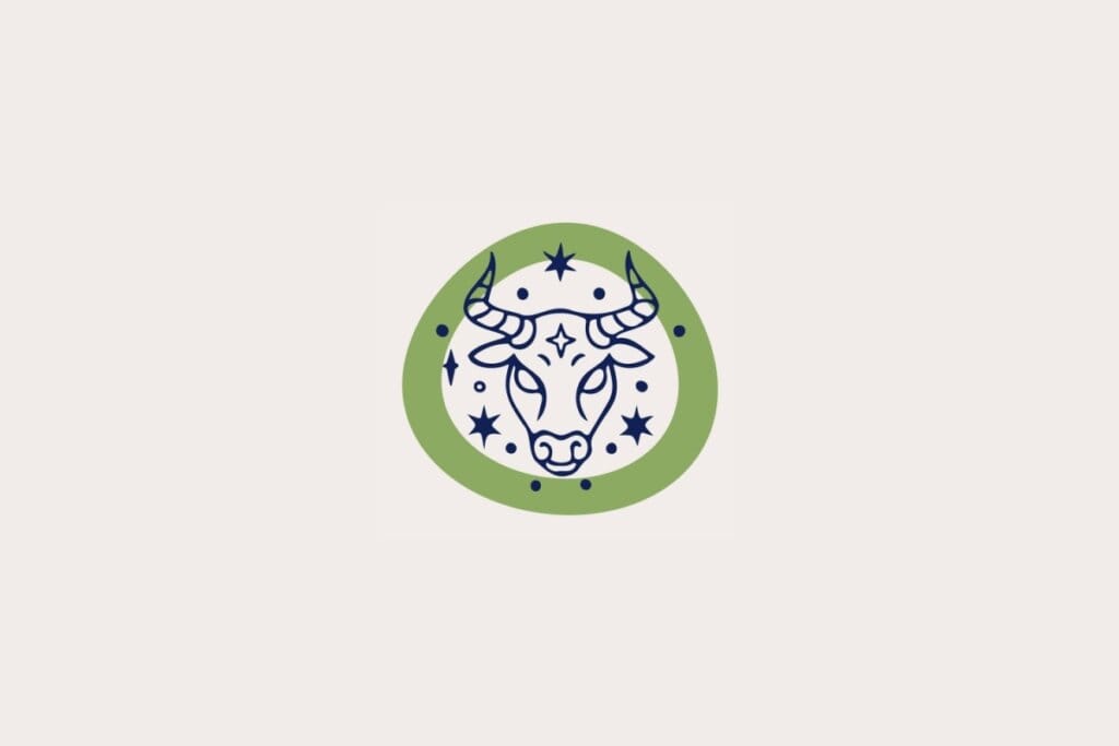 Ilustração do signo de Touro, em fundo bege-claro, contendo uma cabeça de touro com expressão firme e chifres alongados dentro de uma moldura verde com estrelas