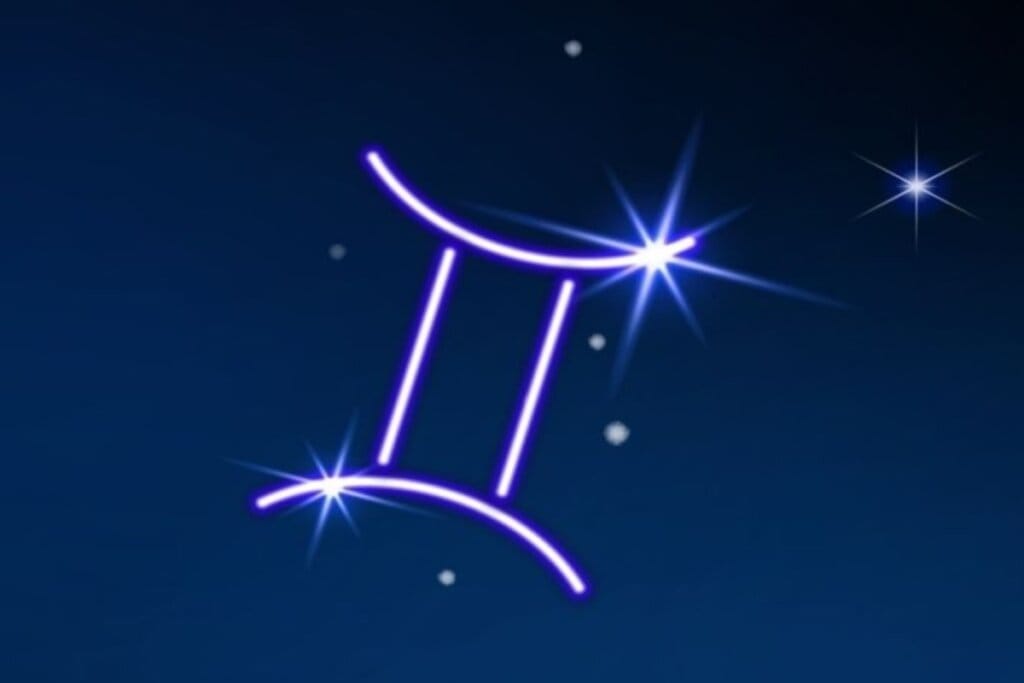 Símbolo do signo de Gêmeos em roxo em fundo azul-escuro com pontos de luz simbolizando as estrelas 

