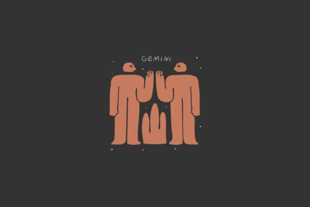 Ilustração do símbolo de Gêmeos, representado por duas figuras humanas espelhadas, em tom salmão, tocando as mãos