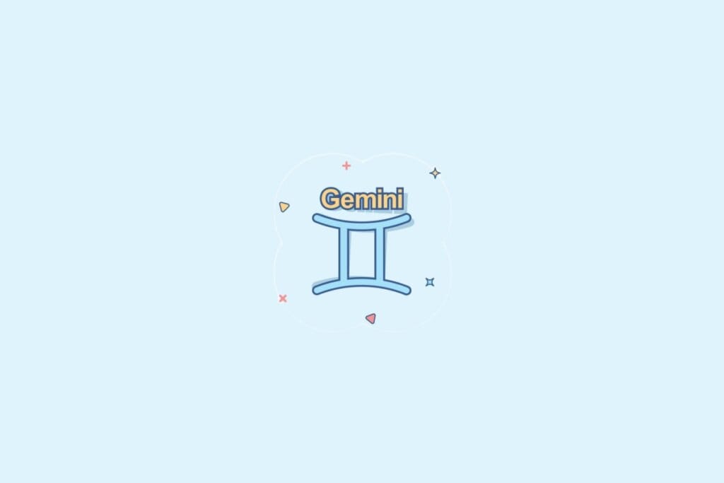 Ilustração do signo Gêmeos, contendo duas linhas verticais unidas por uma barra na parte superior e outra na parte inferior, em fundo azul-claro