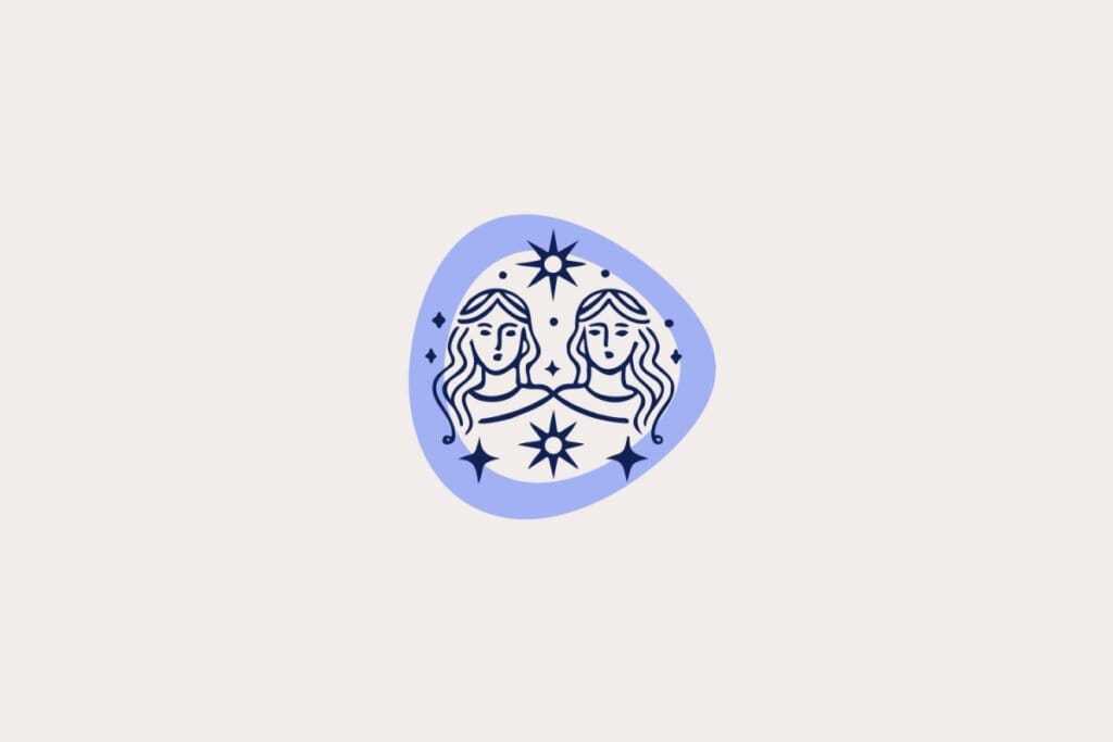 Ilustração do signo de Gêmeos, em fundo bege-claro, contendo duas figuras femininas lado a lado com estrelas ao redor dentro de uma moldura lilás