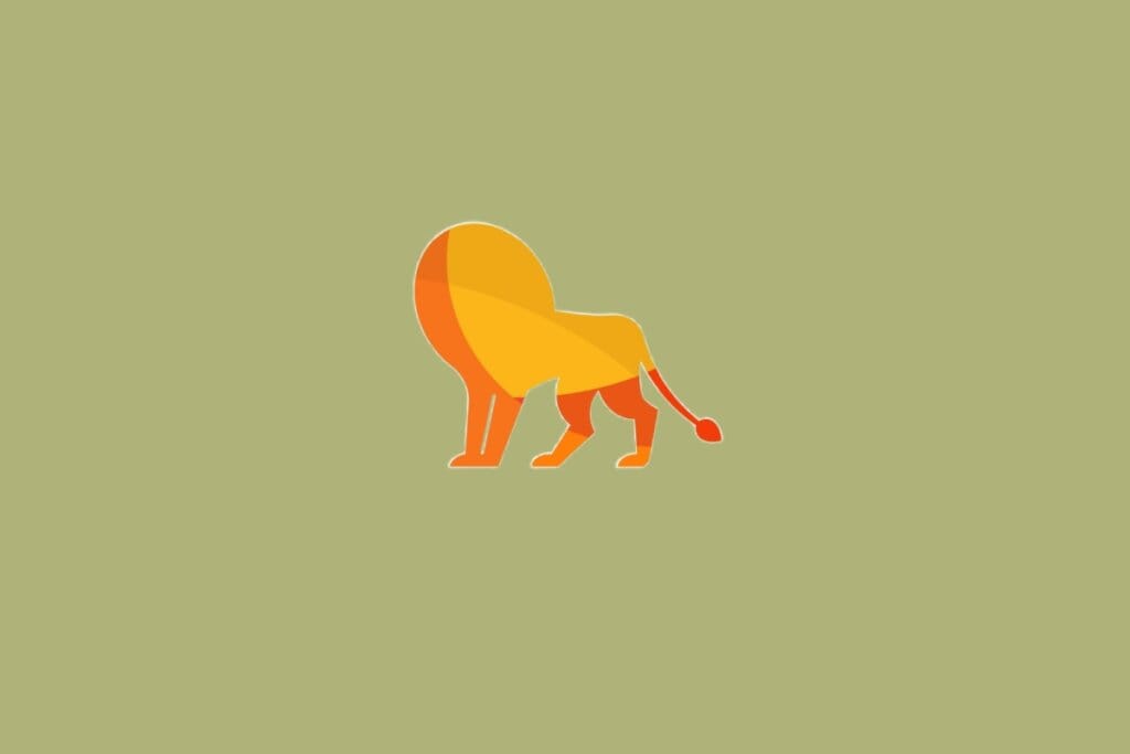 Ilustração de um leão em amarelo e laranja, com corpo de perfil e juba volumosa em forma circular, sobre fundo verde-oliva