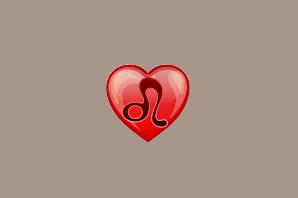 Ilustração do signo de Leão, em fundo amarronzado, com um coração vermelho ao centro contendo uma linha curva ligada a um círculo