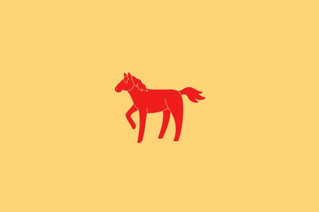 Ilustração do signo de Cavalo, em fundo amarelo-claro, contendo a imagem de um cavalo em vermelho