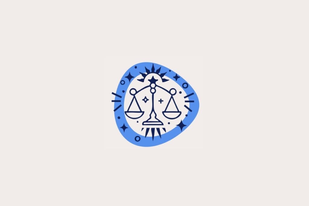 Ilustração do signo de Libra, em fundo bege-claro, contendo uma balança centralizada dentro de uma moldura azul com estrelas