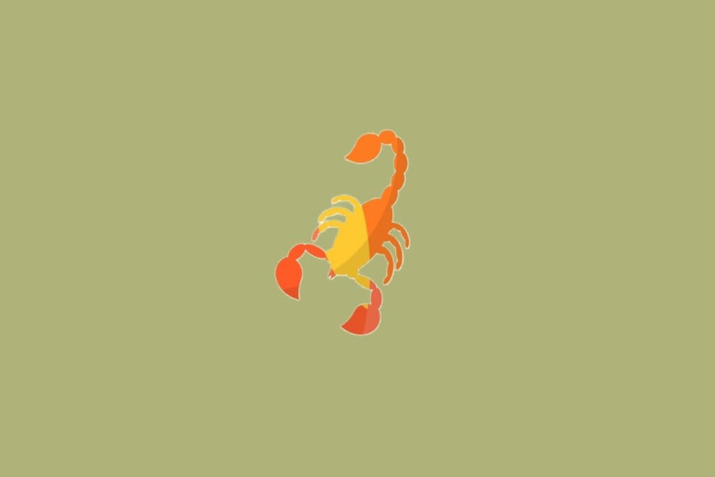 Ilustração de um escorpião com corpo em tons de laranja e vermelho, com pinças e cauda curvas voltadas para cima, sobre fundo verde-oliva