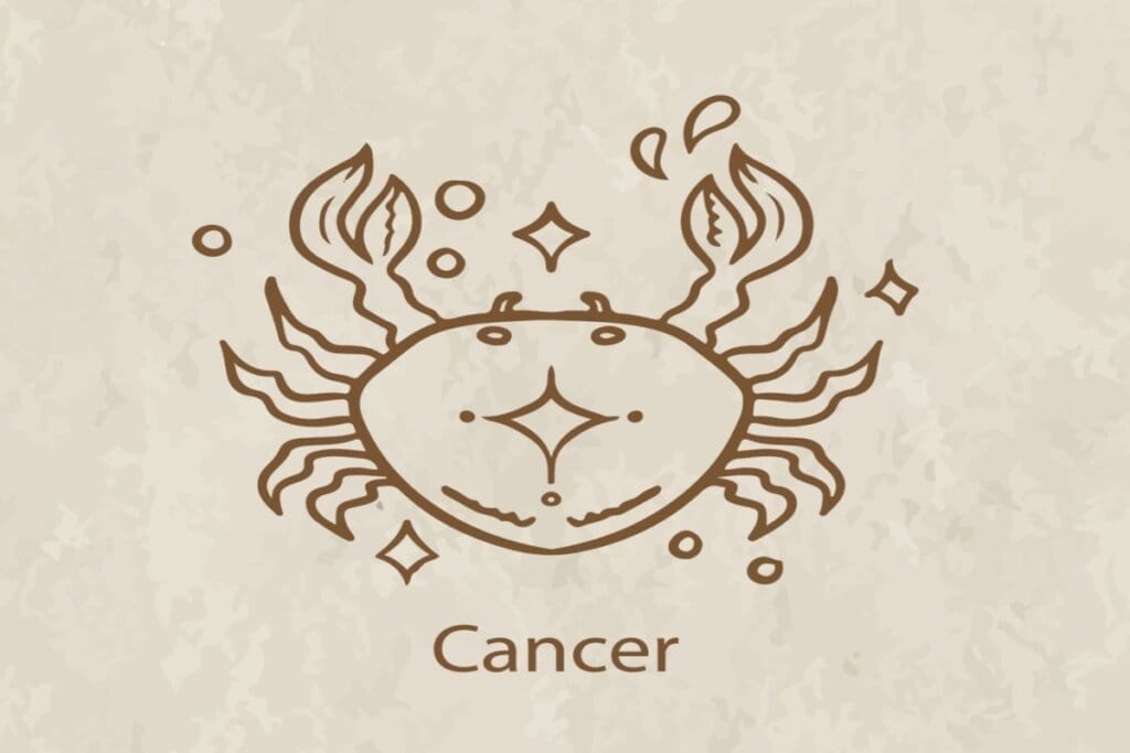 Ilustração do símbolo e nome do signo de câncer marrom em fundo marrom-claro