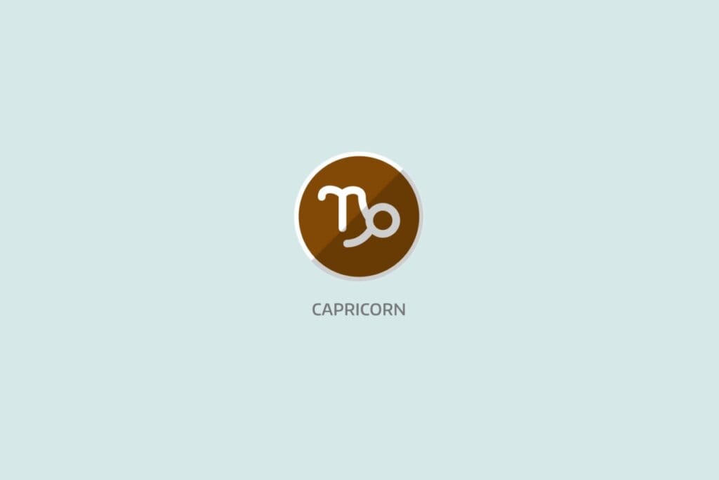 Ilustração em fundo azul-claro com o símbolo do signo de Capricórnio dentro de círculo marrom